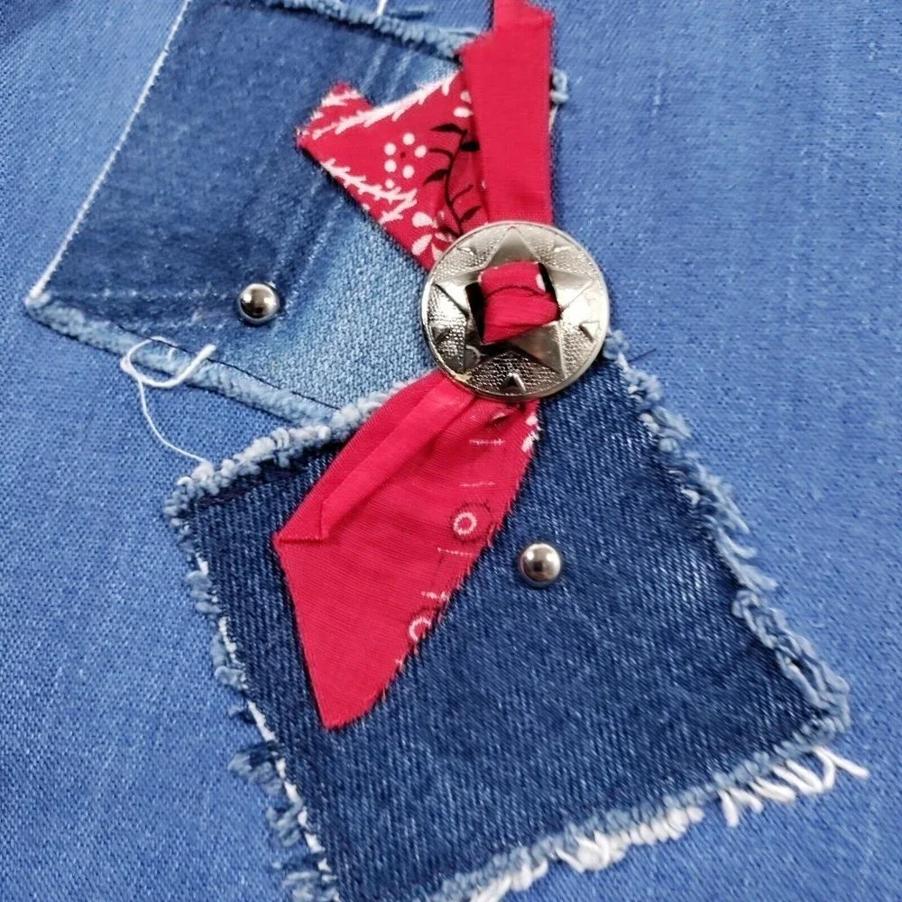 Vtg Handmade Denim Patchwork Vest Large Bandana Print Concho Lined